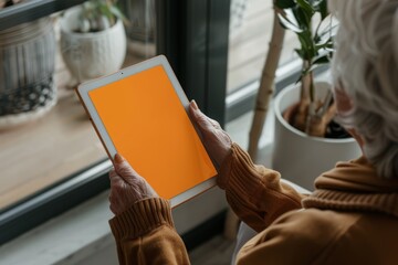 Display mockup from a shoulder angle of a elderly woman holding an ebook with an entirely orange screen - obrazy, fototapety, plakaty