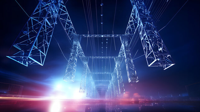 Futuristic energy towers on a vivid digital landscape: High-tech power structure design in neon illumination