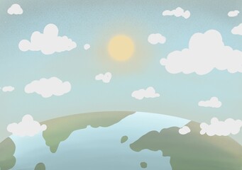 Fototapeta premium Cartoon drawing of the world's starry sky background There are floating clouds with a lovely sun