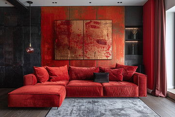 Crimson Living Room with Modern Art