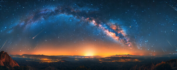 Naklejka premium Majestic Night Sky Panorama With Glittering Milky Way and Shooting Stars