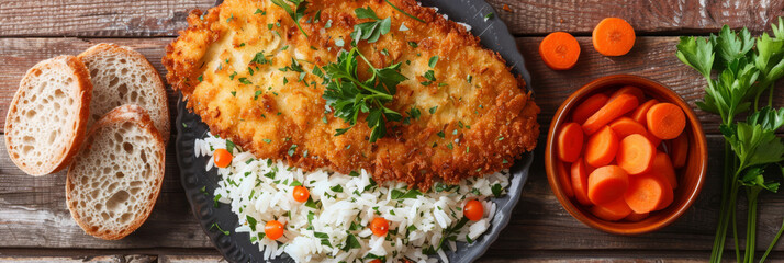 Crispy Chicken Schnitzel with Rice and Fresh Vegetables on Wooden Table