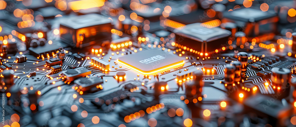 Poster detailed processor and circuit board, close-up on computer hardware and electronics, technology and 
