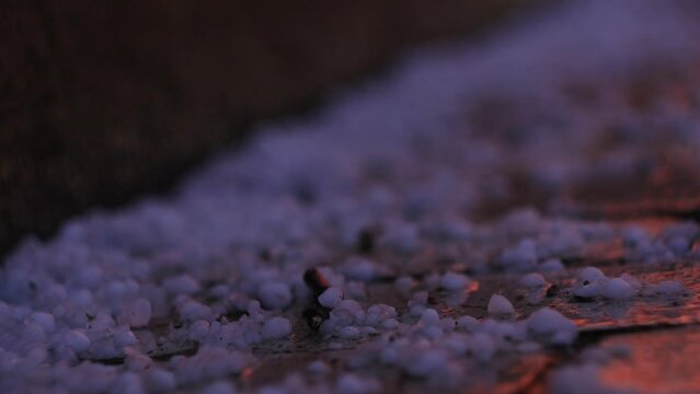 Fallen hail on a cobblestone street at night in macro photography. The video is static in dark colors.