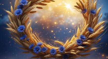Fototapeta na wymiar Wheat wreath with cornflowers