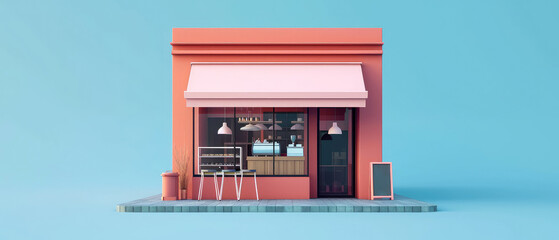 
Cartoon facade сoffee shop, cafe store, bar or restaurant with counter, glass windows. Showcase. 3d interior mockup. Generative ai
