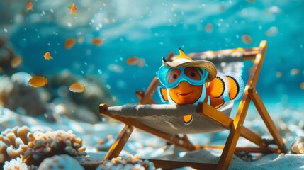 A clownfish in swim goggles and a sun hat lounges on a subaquatic beach chair, embodying the ultimate under-the-sea staycation - obrazy, fototapety, plakaty