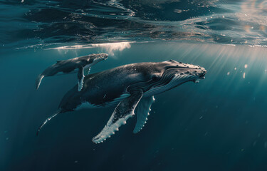 A mother humpback whale and her calf, captured in the clear blue waters of their ocean habitat