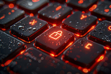 Illuminated Red Gaming Keyboard Close-up with Water Drops
