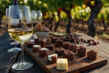 An exquisite wine and chocolate tasting setup with a vineyard backdrop, perfect for gourmet experiences..
