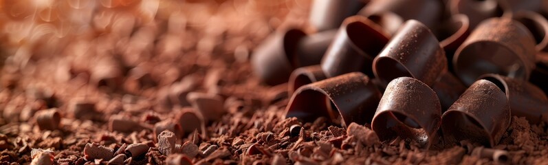 Warm-toned artisan chocolate curls and shavings create a textured landscape of chocolate delight..