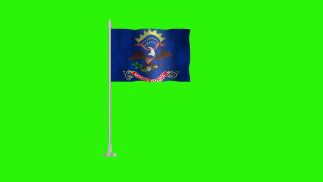 Flag of North Dakota, Pole flag of North Dakota on Green screen chroma key, USA States North Dakota 3D Animation flag waving in the wind isolated on Green Background. 
