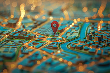 Vibrant City Map with Red Location Pin Illuminated at Night