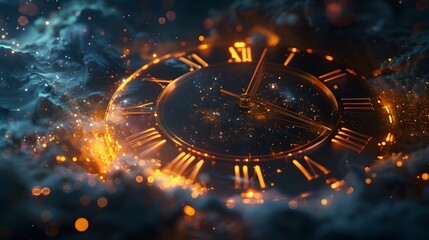 Futuristic Cosmic Clock Suspended in Ethereal Galaxy Backdrop - obrazy, fototapety, plakaty