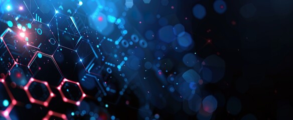 abstract background with hexagons, headlight, light spots, holographic red and blue