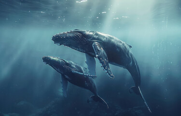 A mother humpback whale and her calf, captured in the clear blue waters of their ocean habitat