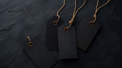 Isolated black cardboard paper price tags on dark background. Black Friday, shopping, sale and marketing concept in top view. Flat lay and copy space included. - Powered by Adobe