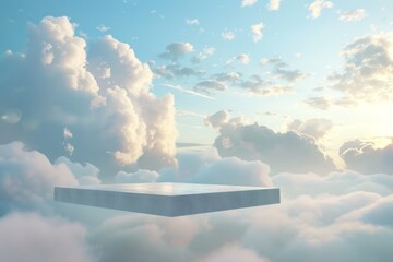 Concrete pedestal in a cloudy sky at sunrise - A minimalist, calming image of a floating concrete pedestal against a backdrop of a soft, cloudy sky illuminated by the early morning sun - obrazy, fototapety, plakaty
