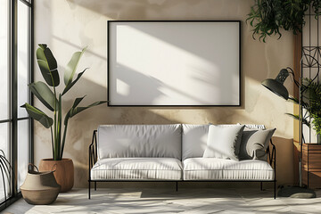 Mockup poster frame on the wall of living room. Luxurious apartment background with contemporary design. Modern interior design. 3D render, 3D illustration
