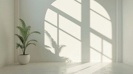 Minimalist room with plant and shadowplay - A serene room featuring gentle shadows from a window and a single potted plant, evoking a calm, minimalist aesthetic