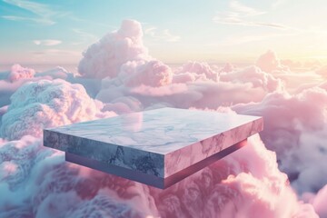 Marble platform floating amidst pink clouds - A serene, dreamy visualization of a smooth marble platform buoyantly suspended amongst fluffy, pink-tinted clouds during sunset