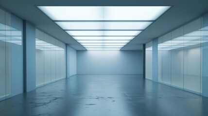 Minimalist modern corridor with bright lights - A sleek, expansive corridor with a minimalist design, illuminated by rows of fluorescent lights overhead