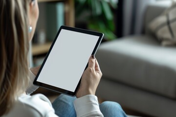 Digital mockup over a shoulder of a mature woman holding an ebook with an entirely grey screen
