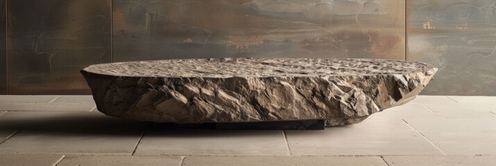 Single rough stone bench in a room - A textured, rough-hewn stone bench making a statement in an otherwise empty room with warm light