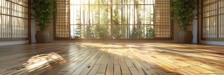Spacious traditional Japanese room with sunlight - A traditional Japanese room with tatami mats and shoji screens illuminated by warm sunlight through bamboo - obrazy, fototapety, plakaty