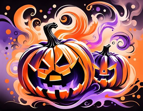 smoke painting of a cute halloween pumpkin cartoon, smoke art pumpkin halloween character, smoke ink adorable pumpkin, halloween pumpkin made of smoke, Generative AI