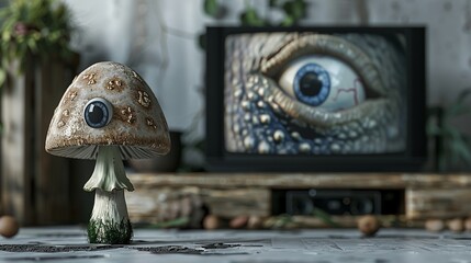 A mushroom with an eye, positioned in front of a TV, its gaze fixed on the dynamic energy of the screen, against a simple background,  - obrazy, fototapety, plakaty