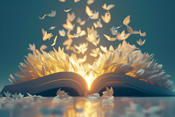 An open book radiating light, with animated characters leaping from the pages, each embodying a different dream, leaving room at the top for personal aspirations