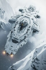 A paintdetailed spaceship, its cartoon contours standing out against a stark, snowcovered terrain, 
