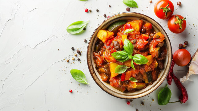 Bowl of food with vegetables and herbs, ratatouille on the table