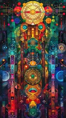 Connectivity Quilt using vibrant digital rendering techniques Emphasize intricate patterns and connectivity symbols in a pixel art style