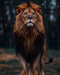 Majestic Lion with Flowing Mane Under Starry Night Sky in Animal Kingdom Setting