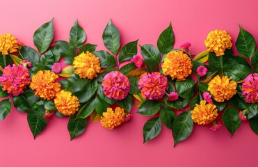Obraz premium Orange Marigold Flower toran for Diwali Festival on pastel pink background. Toran Indian traditional holiday decoration. Diwali, Gudi Padwa, Pongal, Chinese mid autumn festival. Place for text.