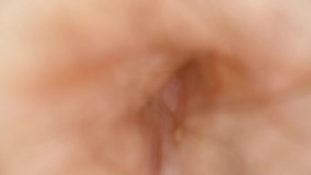 Man's hairy abdomen, macro, the camera approaches the belly button and goes inside it, threading through the hairs.