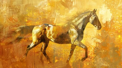 Majestic golden horse galloping in an abstract digital environment