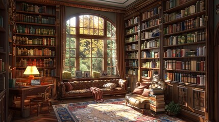 Naklejka premium Reading ghost stories from a local community in a cozy library or study, warm 3D render