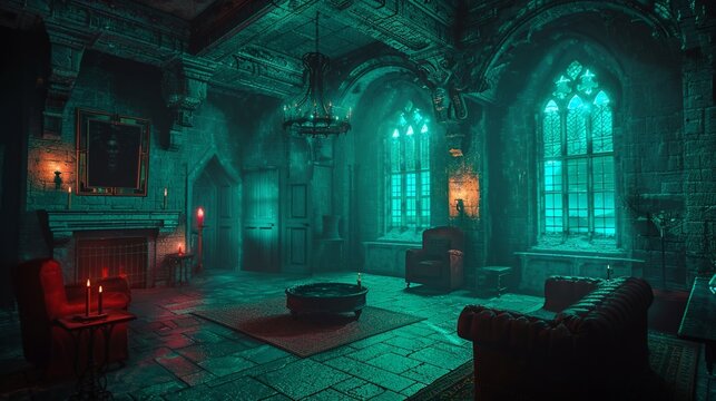Overnight stay in a haunted castle inspiring video game development, atmospheric 3D render in a game room
