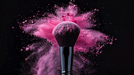 Cosmetics brush and explosion colorful makeup powder black background