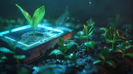 Foto op Plexiglas Magical book with glowing neon leaf and enchanting forest floor © volga