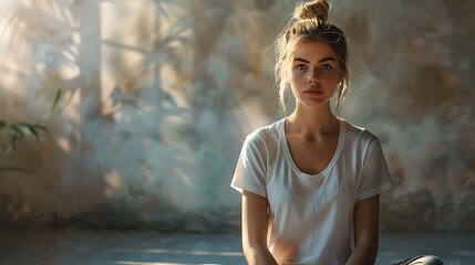 Girl in a white t-shirt sitting in lotus pose