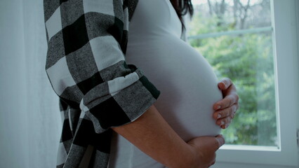 Close-up pregnant woman expecting baby stands by window at home residence overlooking trees in...