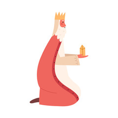 Wise man kneeling with golden gift for baby Jesus, cartoon flat vector illustration isolated on white background. King prays for Jesus Christ. Nativity scene with biblical magi, Christmas celebration.