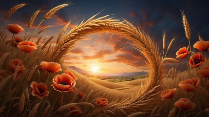 Beautiful background with wreath of wheat and poppies