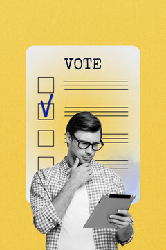 Composite trend artwork sketch image 3D photo collage of black white young guy think hold in hand epad vote checklist choose candidate