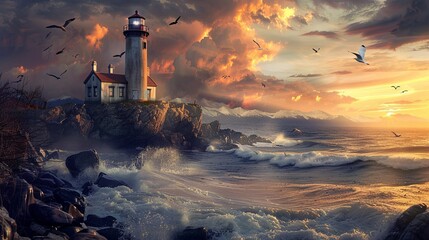 Majestic lighthouse at sunset with dramatic sky and sea