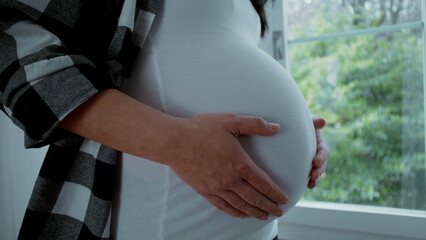 Close-up pregnant woman expecting baby stands by window at home residence overlooking trees in...